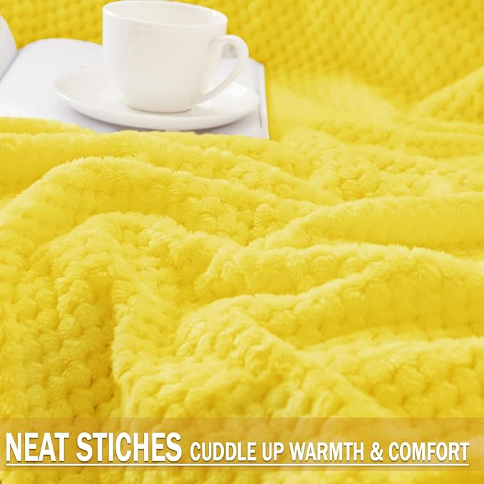 Exclusivo Mezcla Fleece Bed Blanket Queen Size, Super Soft and Warm Blankets for Couch, Sofa and Bed Waffle Textured, Cozy, Fuzzy and Lightweight (Vibrant Yellow, 90x90 Inches)