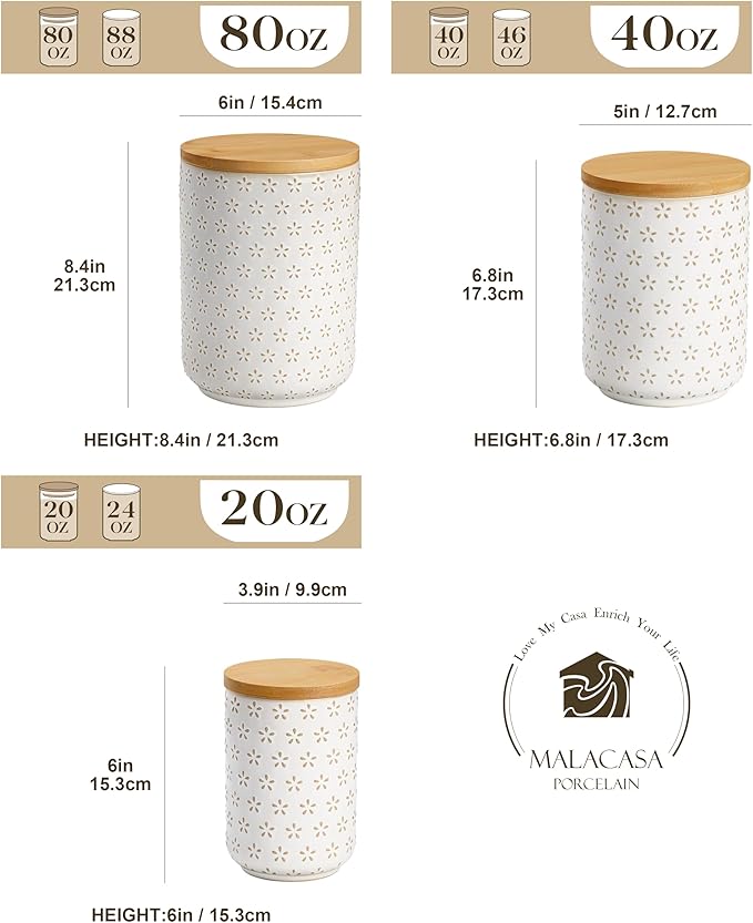 MALACASA LYDIA Ceramic Canisters Set with Airtight Lids, 80/40/20 oz Coffee Canisters Sets for the Kitchen, Large Jars for Flour, Sugar, Pasta, Coffee, Cookies, Tea - Set of 3, Five-Leaf Grass