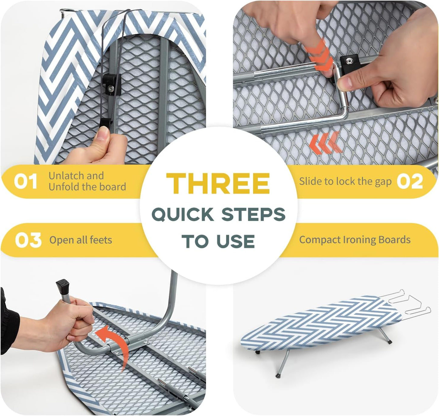 Small Tabletop Ironing Board Foldable, RAINHOL Steel Mesh Portable Iron Board for Dorm and Apartment, with Iron Rest and Heat-Resistant Cotton Cover, 31" x 12", Blue and White Stripes