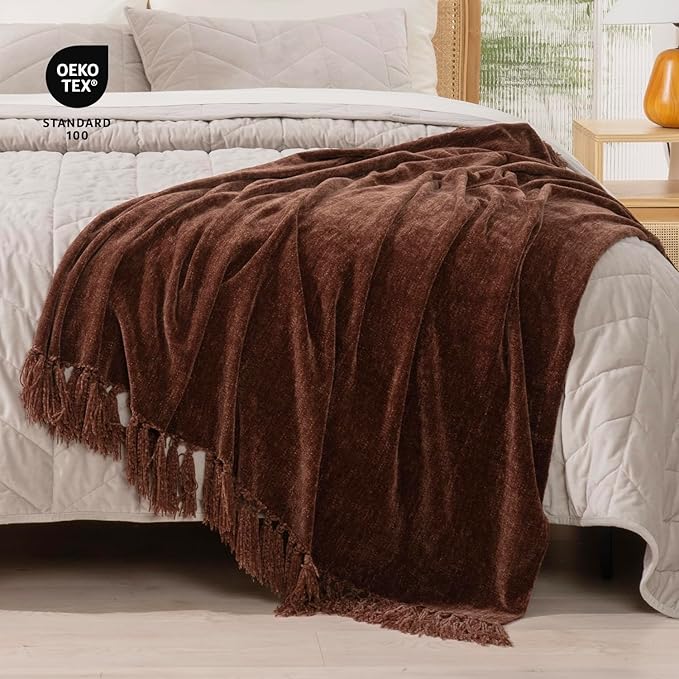 RECYCO Throw Blanket Soft Cozy Chenille Throw Blanket with Fringe Tassel for Couch Sofa Chair Bed Living Room Gift (Brown, 60'' x 80'')