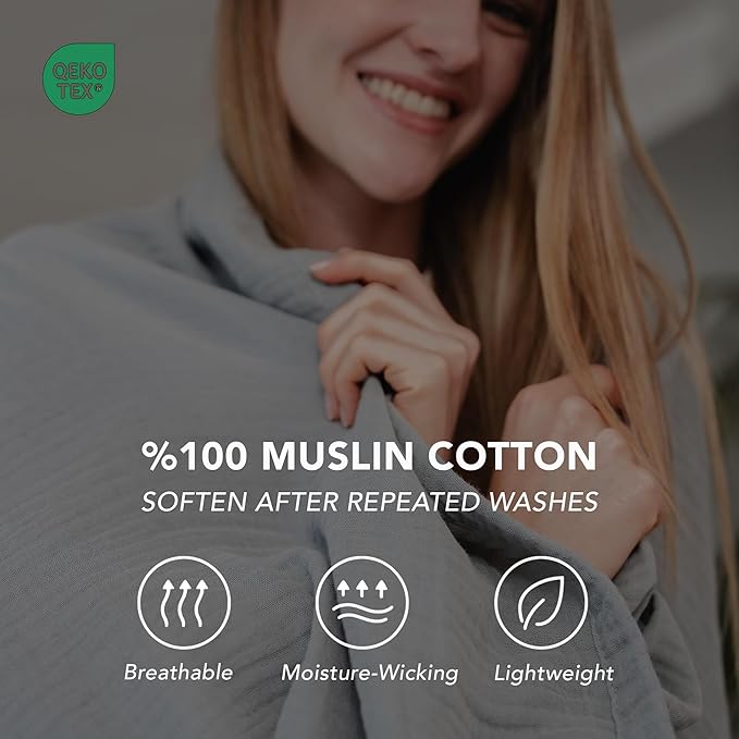 Goqan Muslin Blanket King Size 90x108 – 100% Turkish Cotton 4 Layer Boho Muslin Blanket for Adults, Four Season, Lightweight and Thin, Soft, Breathable for Bed, Couch - Light Grey
