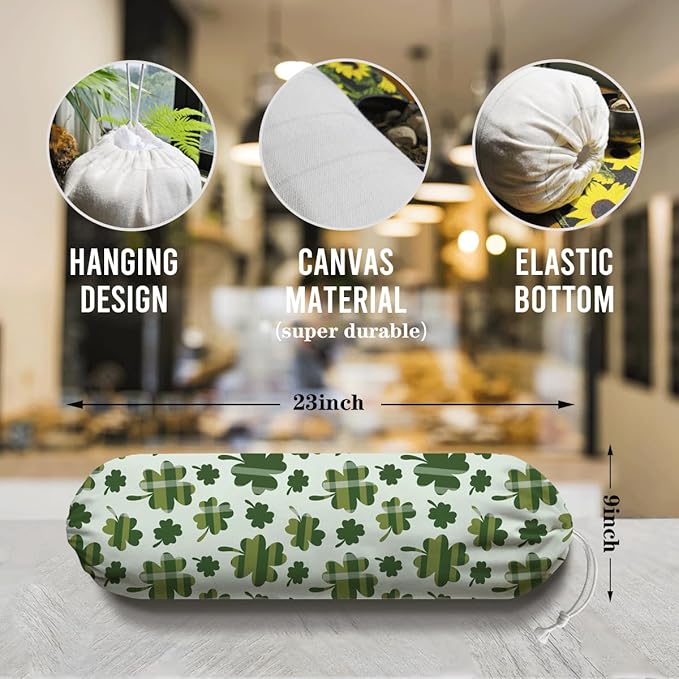 Wall Mount Plastic Bag Holder, Reusable Grocery Sack Organizer, Washable Cotton-Linen Storage, St. Patrick’s Day Green Clover with Stripes Design, Hanging Loop for Kitchen Pantry Decor