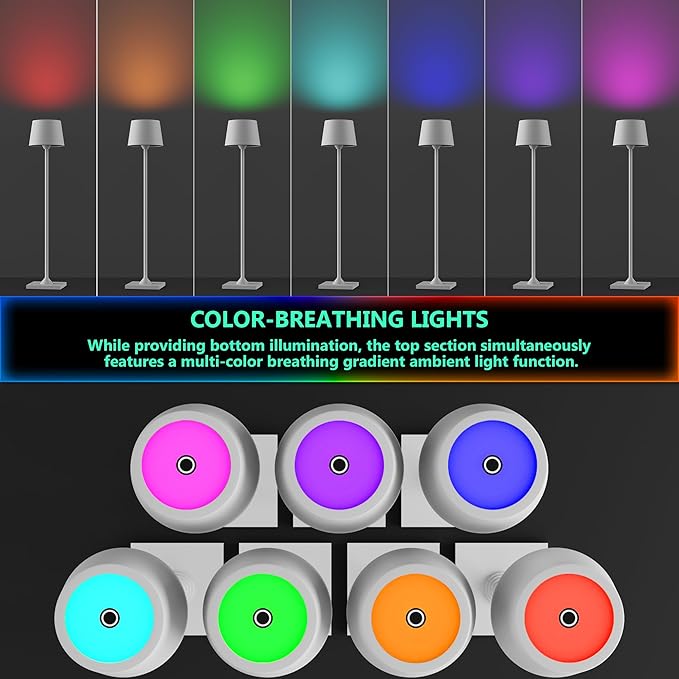 Timjorman Compact Cordless Table Lamp, Rechargeable LED Night Light, Dual Light Source (RGB Top & Warm Bottom), Touch Control & Timer, Metal Lamp for Bedroom & Kids Room (White 1PACK)