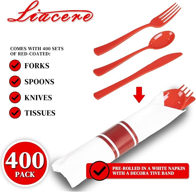 Liacere 400PCS Pre Rolled Red Silverware and Napkin - Disposable Red Plastic Utensils-Wrapped Plastic Cutlery Set with Napkin:100Forks,100Knives,100Spoons,100Napkins for Wedding＆Valentine's Day