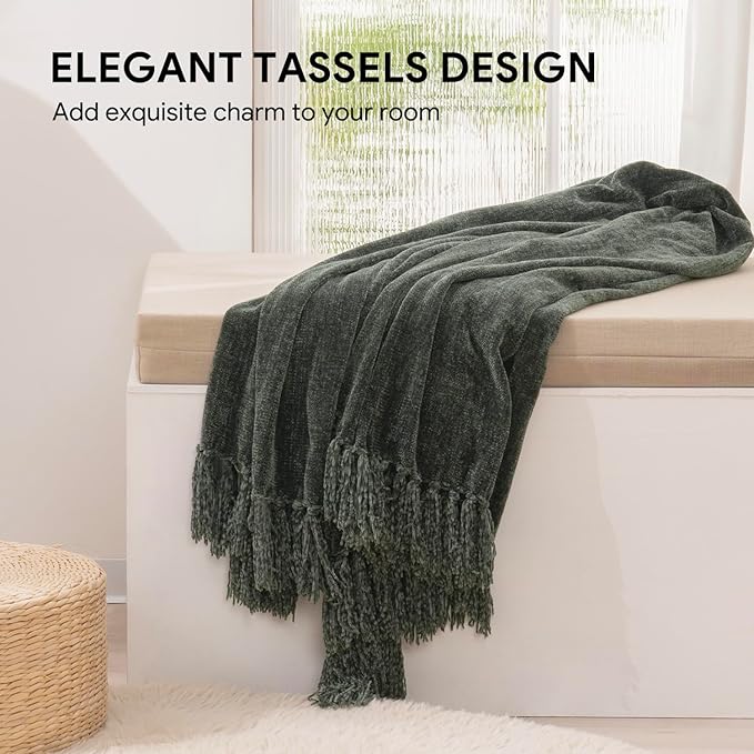 RECYCO Throw Blanket Soft Cozy Chenille Throw Blanket with Fringe Tassel for Couch Sofa Chair Bed Living Room Gift (Dark Green, 50" x 60")