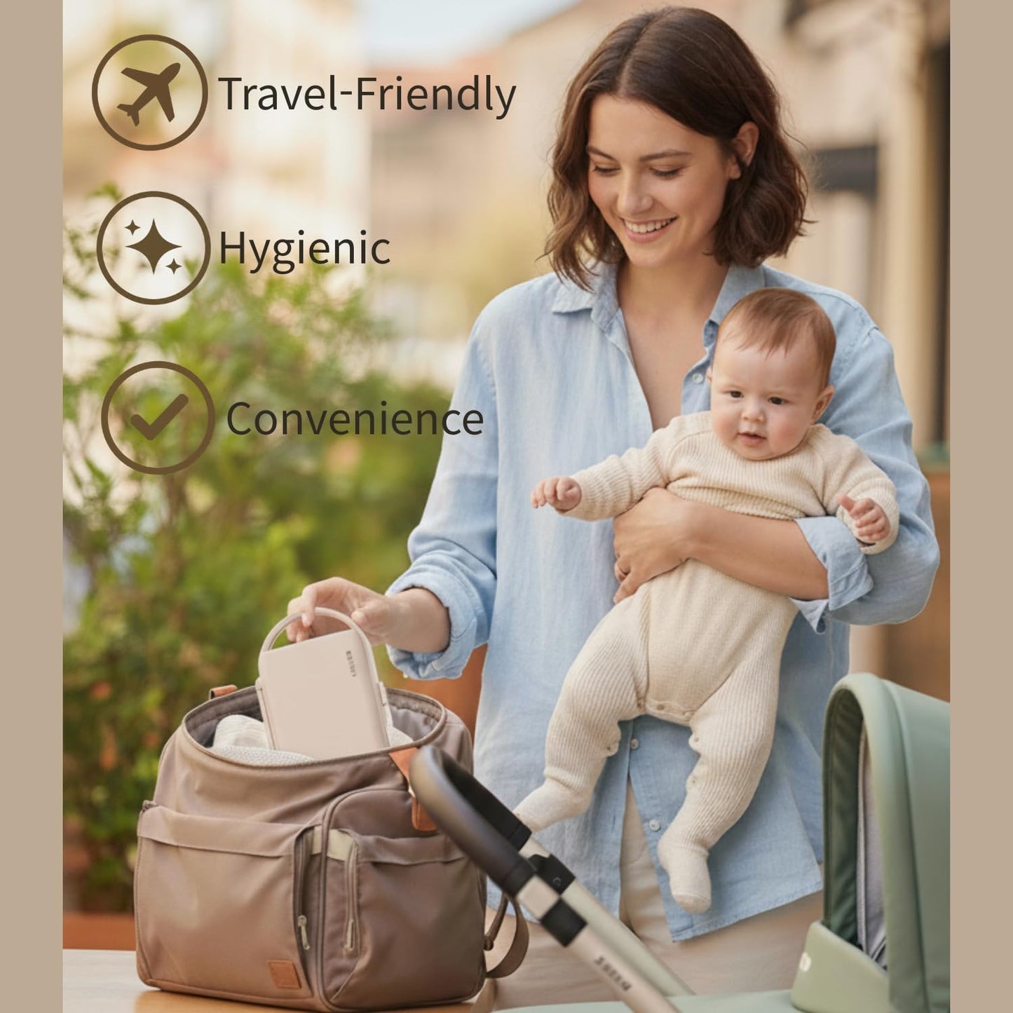 MOTHER-K Travel Baby Bottle Drying Rack Set - Baby Bottle Cleaner Kit with Cleanser and Mini Silicone Bottle Brush, Portable Bottle Drying Rack for Home and Travel (Cream Mocha)