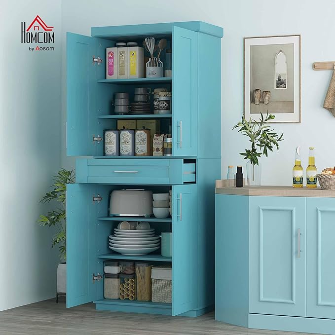 HOMCOM 72" Kitchen Pantry Cabinet, Freestanding Tall Storage Cabinet with 4 Doors, Drawer and 3 Adjustable Shelves for Dining Room, Turquoise