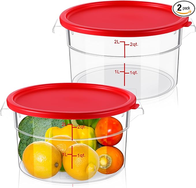 2 Pcs Dough Proofing Bucket with Lid, Round Food Storage Container 2 Qt Dough Bucket Clear Translucent Containers with Scale (Red)