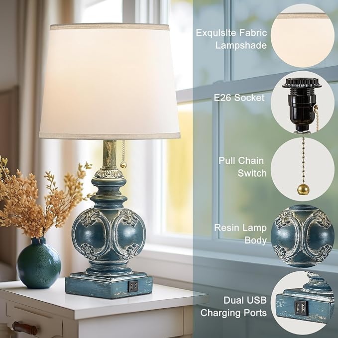 20.75" Farmhouse Table Lamps for Bedroom Set of 2, Rustic Bedside Lamps with 2 USB Port, Retro side table lamp Antique Nightstand Lamp for Living Room End Table Office Country, Traditional Washed Blue