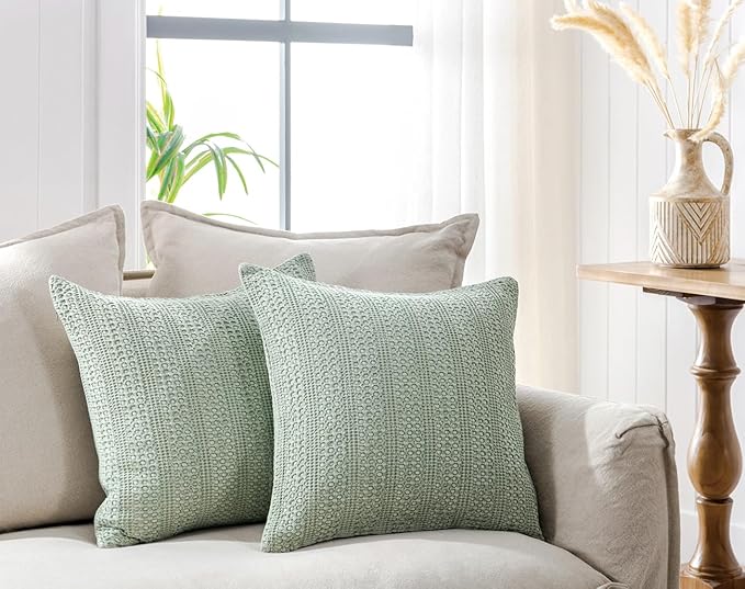 COCOPLOCEUS Sage Green Pillow Covers 18x18 Boho Throw Pillow Covers Set of 2 Decorative Pillow Shams Stone Washed Cotton Pillowcase for Couch Sofa Chair Bed Car