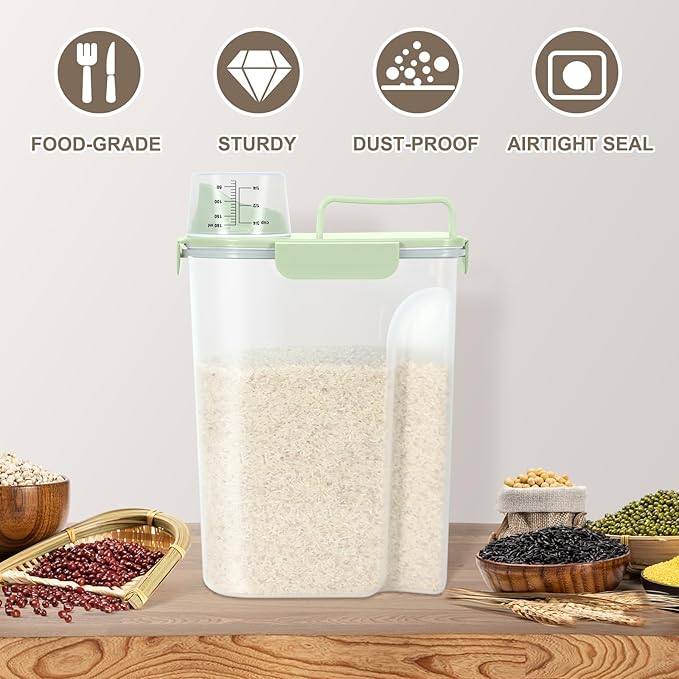TBMax Airtight Rice Container 10 Lbs, Cereal Dispenser, Pet Cat Dog Food Storage Container, Plastic Kitchen Pantry Food Storage Holder with Cup -Light Green
