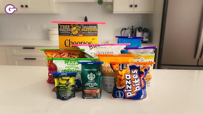 GripStic Bag Clips. 12pc Durable Food Clip Set For Kitchen Storage. Reusable Chip Bag Clips. Color Coded Bag Closure Sticks Provide Air Tight Seal. Chip Clips Reinvented.