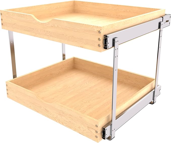 2-Tier Wood Cabinet Pull Out Shelves (20" W x 22" D), Wooden Slide Out Drawers for Kitchen Cabinets, Heavy-Duty 22 Inch Deep Sliding Cabinet Organizer