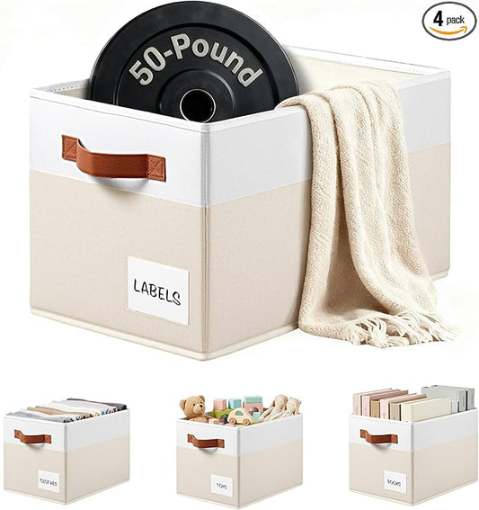 4 Pack Large Closet Storage Baskets for Shelves - 14x10 Heavy Duty Closet Shelf Organizer Bins with Handles & Labels - Decorative Collapsible Baskets for Organizing Living Room Bedroom Nursery Dorm