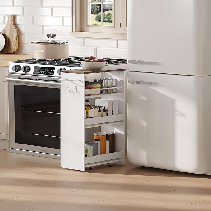 ChooChoo 4-Tier Slim Storage Cart with Handle, 7.87" W Rolling Utility Cart on Universal Wheels, Kitchen Cart Mobile Shelving Organization for Laundry Room, Bathroom & Narrow Places (Walnut & White)