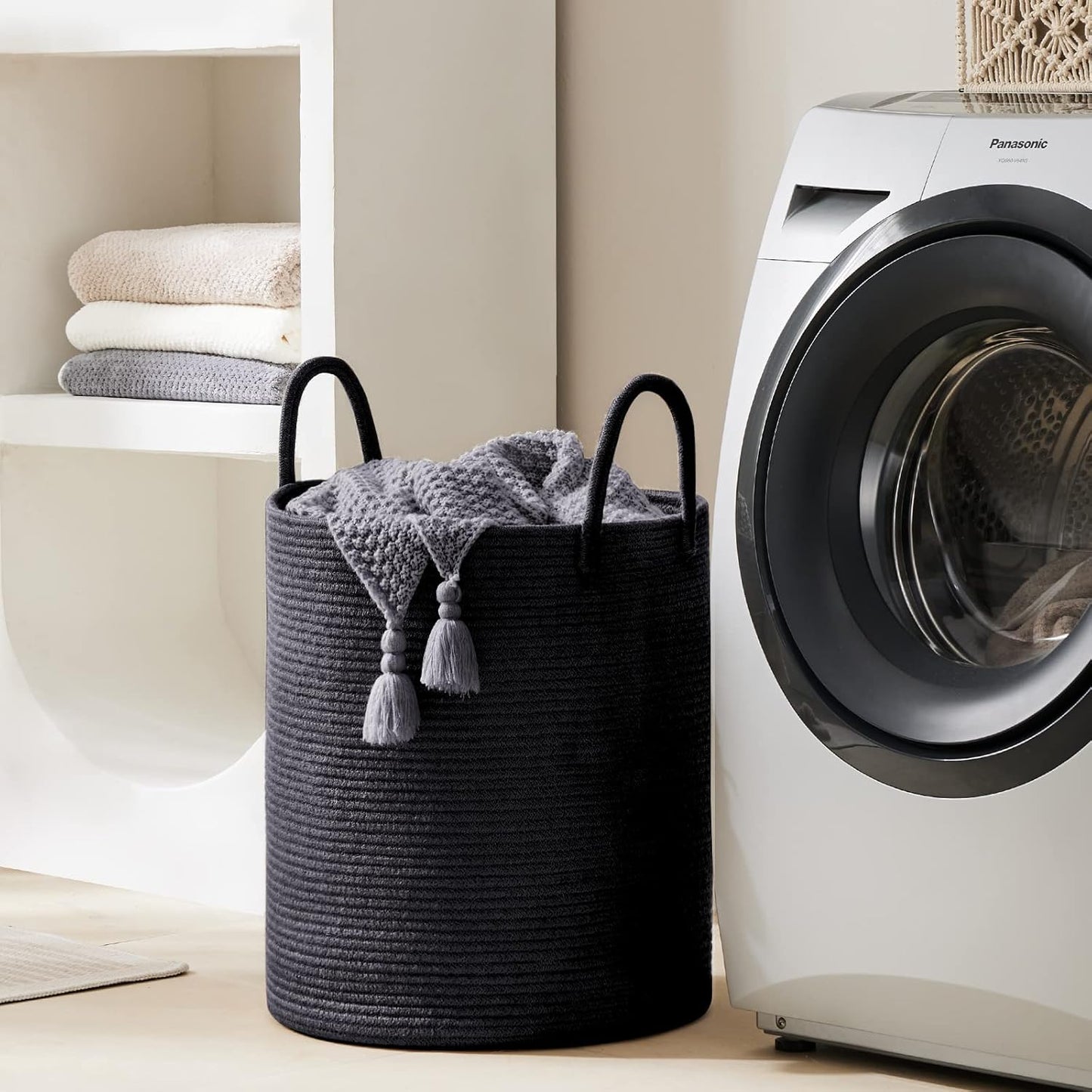 YOUDENOVA Woven Rope Laundry Hamper Basket, 72L Tall Luandry Basket, Baby Nursery Hamper for Blanket Storage in Bedroom-Large- Black