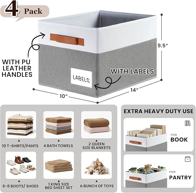 Criusia Large Closet Storage Baskets for organizing 4 Pack, Non-Dust-Absorbing Closet Shelf Organizer Bins with Handles & Labels - Decorative Collapsible Baskets for Living Room Bedroom Nursery Dorm