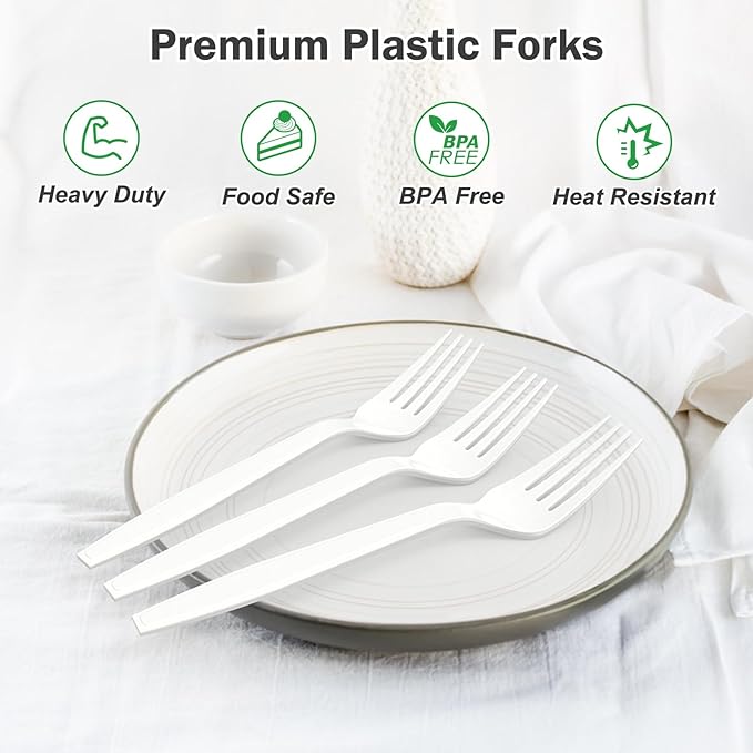 360 Count Extra Heavy Duty White Plastic Forks Disposable, BPA-Free, Heat Resistant, Solid and Durable Disposable Forks Bulk, Premium Plastic Forks heavy duty for Party Supply