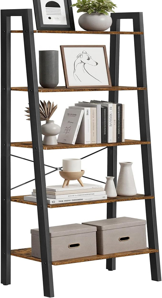 VASAGLE Ladder Shelf, 5-Tier Bookshelf, Storage Rack, Bookcase with Steel Frame, for Living Room, Home Office, Kitchen, Bedroom, Industrial Style, Rustic Brown and Ink Black ULLS45X