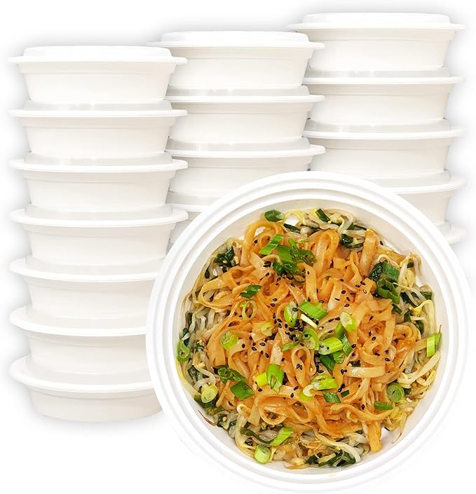 MULMEHË Plastic Food Storage Take-Out Container and Lid Combo, 24 oz, Microwaveable, Round, White, 7x1.5”, Set of 150