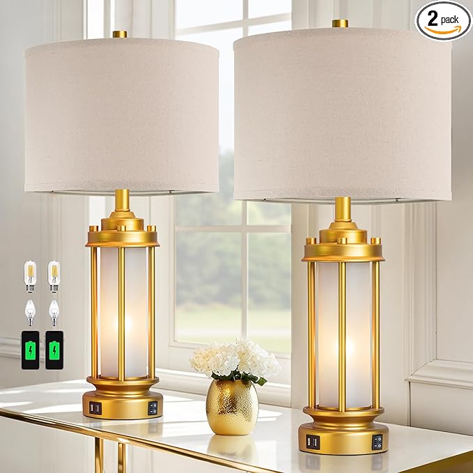 AIEAMPDO Set of 2 Modern Table Lamps for Living Room, Farmhouse Vintage Bedside Lamp with 2 USB Ports Glass Nightlight, Gold Nightstand Desk Lamps for Entryway Bedroom Dresser, 4 Bulbs Included