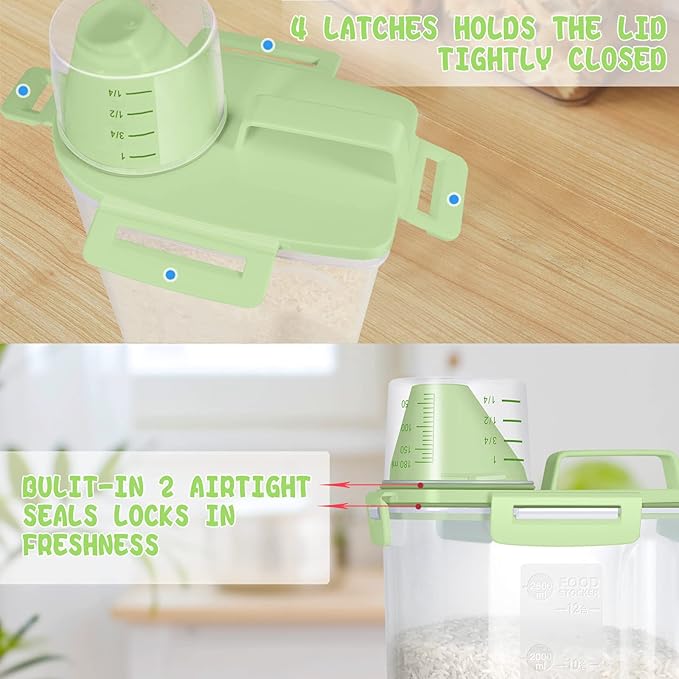 TBMax Small Rice Storage Container -5 Lbs Cereal Dispenser with Measuring Cup, Airtight Dry Food Container Bin for Kitchen Pantry Storage Organization -Green