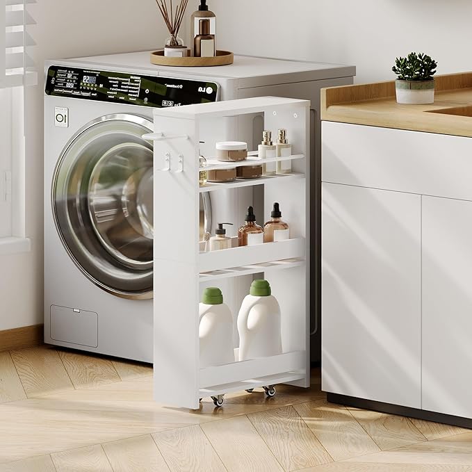 ChooChoo 4-Tier Slim Storage Cart with Handle, 5.51" W Rolling Utility Cart on Universal Wheels, Kitchen Cart Mobile Shelving Organization for Laundry Room, Bathroom & Narrow Places, White