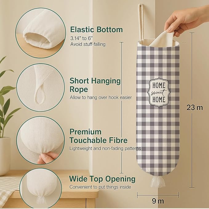 Plastic Bag Holder, Home Sweet Home Plastic Bag Holder for Kitchen Essentials, Gray and White Grid Bags Holders for Plastics Bags Groceries Store, Kitchen Gifts to Women Family Friends