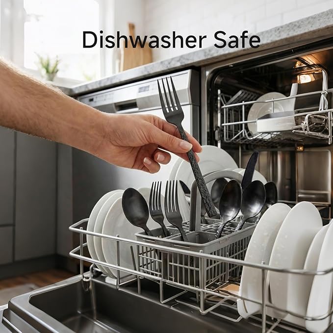 KINGSTONE 48 Pcs Black Hammered Silverware Set with Steak Knives for 8, 18/10 Stainless Steel Heavy Duty Flatware Set, Tableware Cutlery Utensil Sets for Home Restaurant Dishwasher Safe