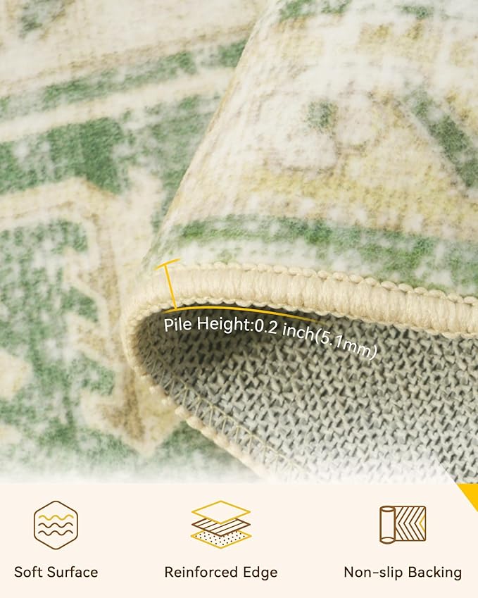 RELEANY Area Rugs 2'x5' Runner Rug Non Slip Washable for Kitchen Hallway Bedroom Beside Laundry Room Bathroom Rug, Floor Carpet, Sage Green Yellow