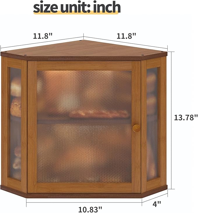Corner Bread Box for Kitchen Countertop,Bread Storage for Homemade Bread, Double Layer Large Bamboo Kitchen Storage Bin with Window (Brown, Medium)