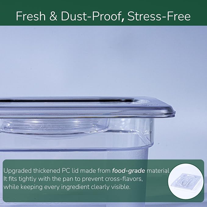 6 Pack food Pans with Lids 1/6 Size, Commercial Food-grade material, Impact-resistant and shockproof, For Salad Bars, Hot Deli Items & Dessert Toppings, Prep Table & Refrigerator Friendly