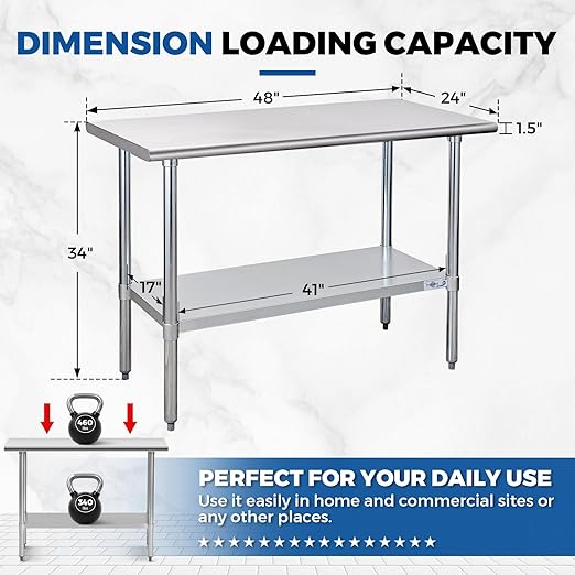 Profeeshaw Stainless Steel Prep Table 48x24 Inch NSF Commercial Work Table with Undershelf Heavy Duty Table for Kitchen Restaurant Home Hotel