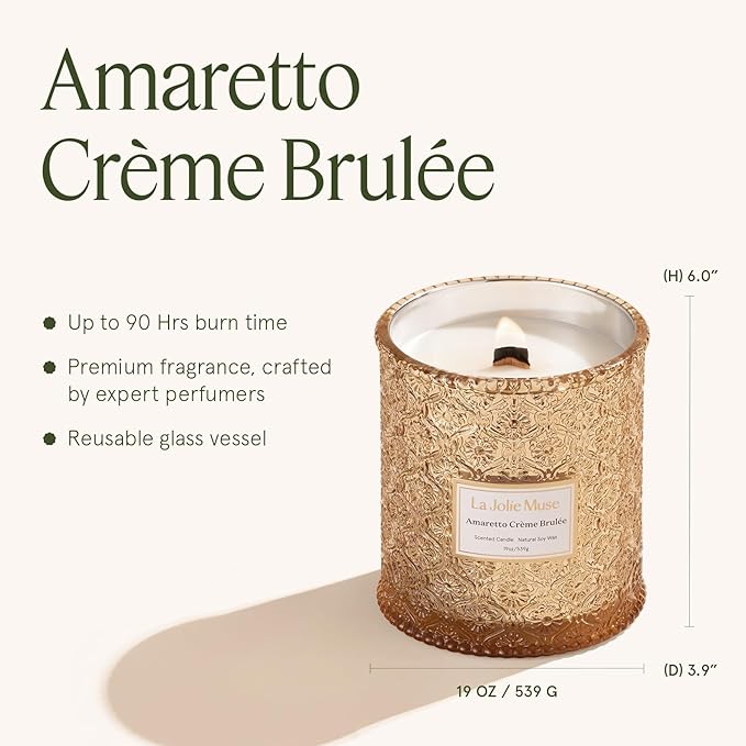 LA JOLIE MUSE Amaretto Crème Brûlée Scented Candle | Almond Liqueur, Dried Fruit & Caramel | 19 oz Wooden Wick | 90 Hours Clean Burn | Candle Gift for Hosts | Elegant Home Decor