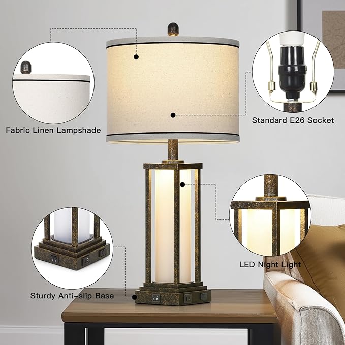 luxeflow 27in Tall Farmhouse Table Lamp with USB C+A & Outlet,Bronze Industrial End Table Lamp for Living Room,Vintage Rustic Bedside Lamp with Night Light for Bedroom Nightstand,Single Bronze