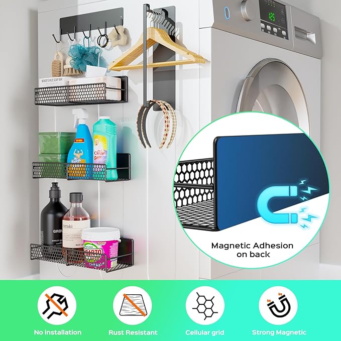 5-Pack Magnetic Shelves for Laundry Room Organization, Strong Hold Refrigerator & Washing Machine Shelves, Includes Spice Rack, Hanger Organizer Stacker & Utensil Hooks, No Drill Installation