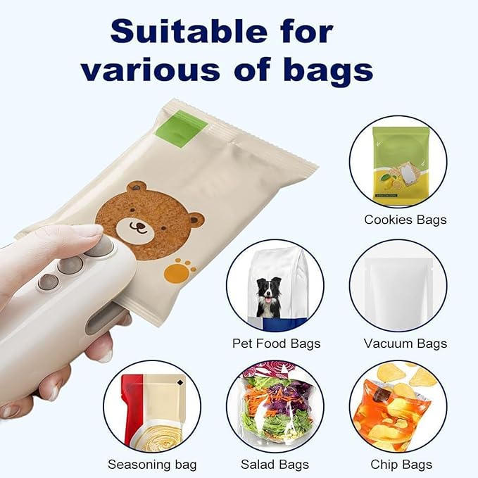 2Pcs Mini Bag Sealer 2 in 1Heat Sealer with Cutter and Magnet Portable handheld Rechargeable Food Bag Sealer Plastic Bag Sealing Machine for Snacks, Chips& Food Storage (white+blue)