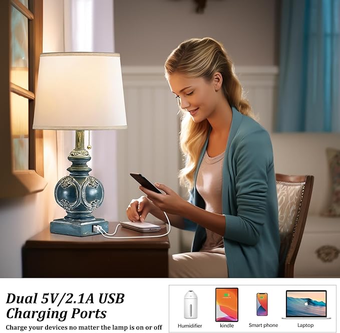 20.75" Farmhouse Table Lamps for Bedroom Set of 2, Rustic Bedside Lamps with 2 USB Port, Retro side table lamp Antique Nightstand Lamp for Living Room End Table Office Country, Traditional Washed Blue