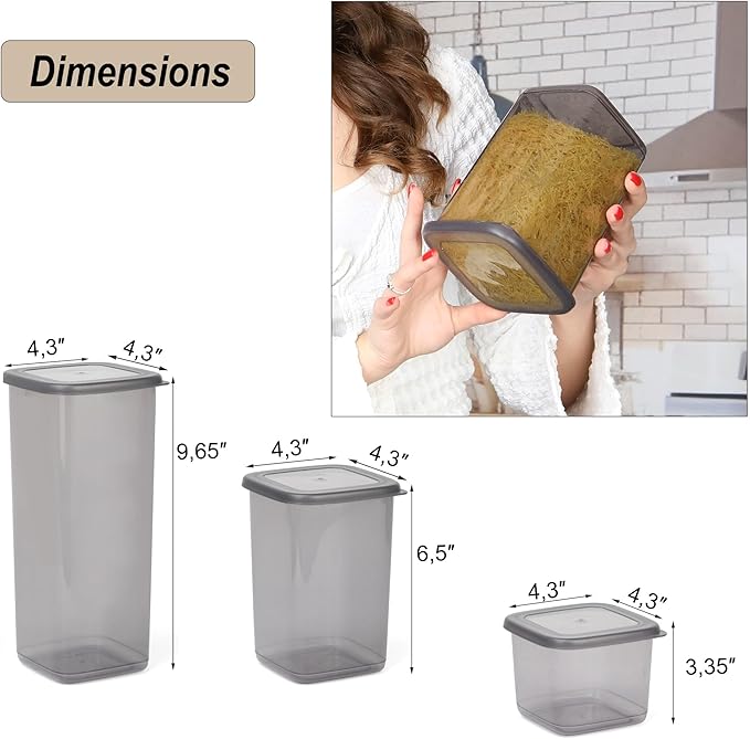 T&D HOME GOODS Storage Jars with Lid, Airtight, Set of 12 Storage Containers, BPA-Free, Storage Container for Cereal, Flour, Kitchen, Practical Organiser Kitchen, (12, 3 Square diff size)