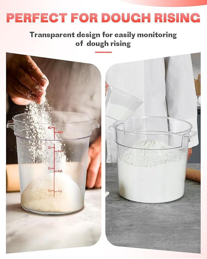 6QT NSF Round Food Storage Containers with Lids: 4 PCS [Total Food Grade][Hot&Cold Resistant] Dough Proofing Container for Pizza, Bread with Measuring Spoons Included(BPA FREE) (RED)