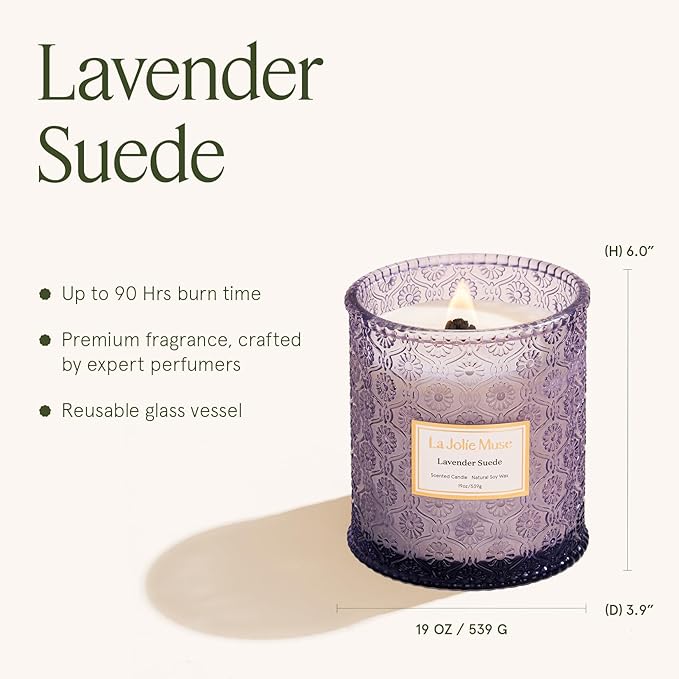 LA JOLIE MUSE Lavender Suede Candle – Eucalyptus, Lavender & Sandalwood 19 oz Large Wooden Wick Candle | Natural Soy Wax | 90 Hours Clean Burn | Aromatherapy Candle for Relaxation