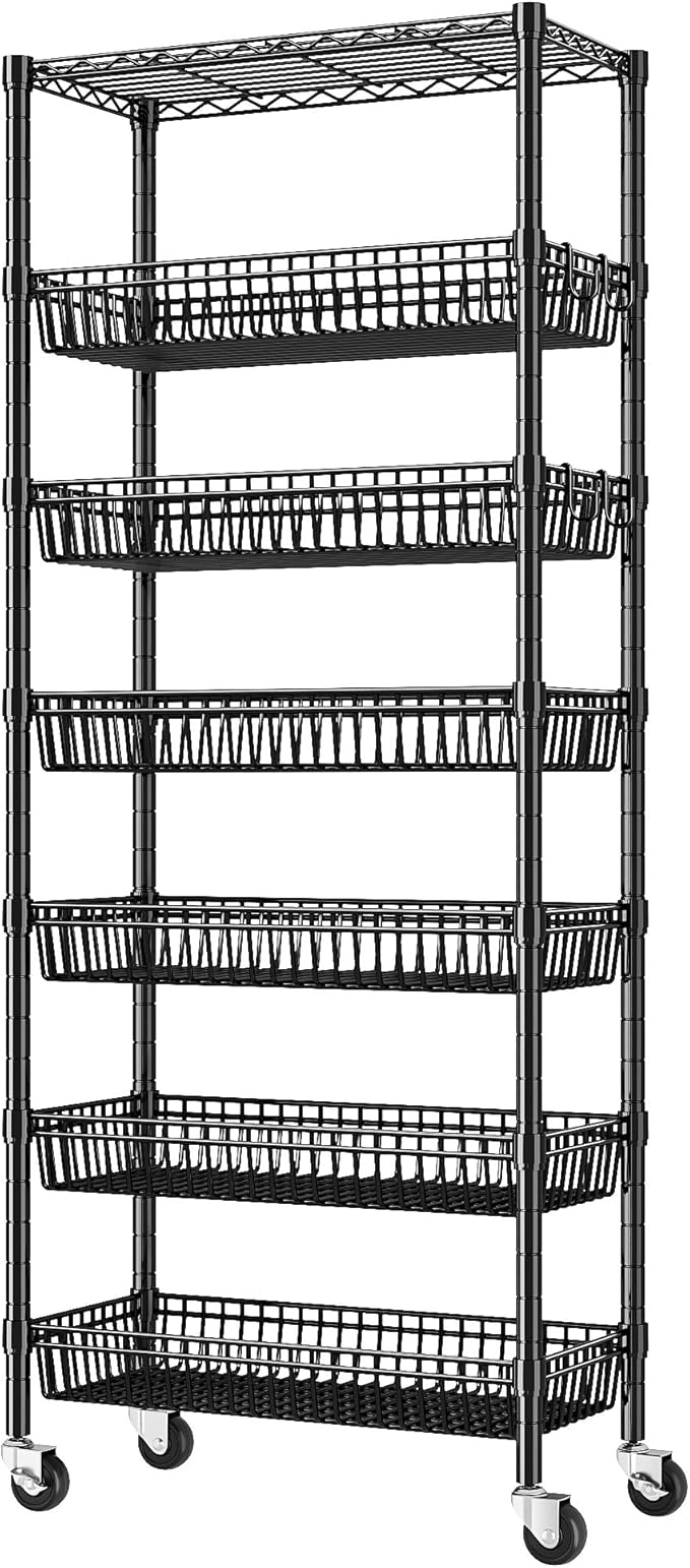 7 Tier Wire Shelving with Wheels 72" H Adjustable Basket Shelf Storage Shelves with Hooks for Kitchen Bathroom Pantry Shelves Closet Laundry Room Organization 72" H x 30" W x 14" D, Black