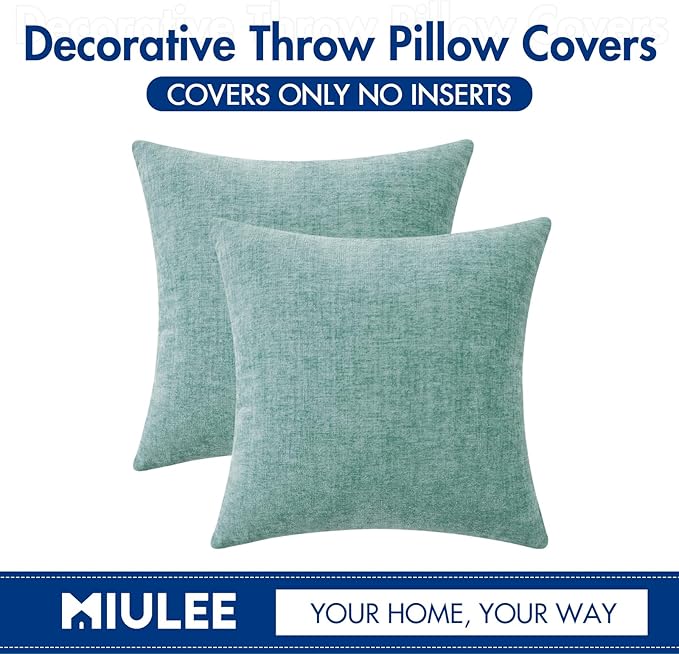 MIULEE Pack of 2 Couch Throw Pillow Covers 18x18 Inch Soft Aqua Green Chenille Pillow Covers for Sofa Living Room Spring Home Decor Couch Solid Dyed Cases