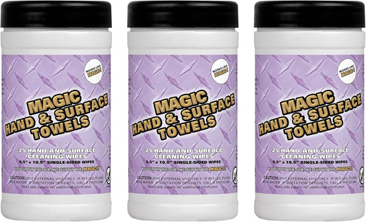 Magic Heavy Duty Cleaning Wipes - Single Sided Hand & Surface Shop Towels | Professional-grade Cleaning | Waterless | Moisturizing | Cleans Grease, Oil, Dirt, & more (3 Pack | 75 Sheets Total)