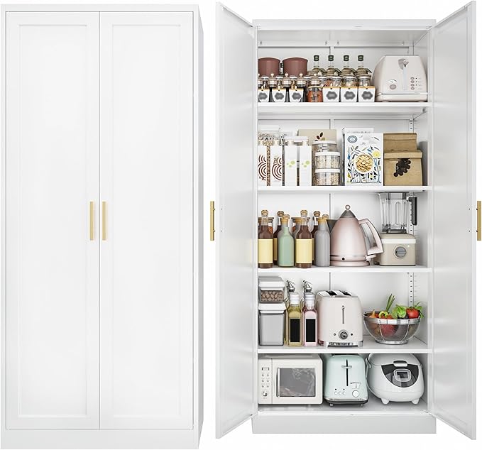 Kitchen Pantry Cabinet,71” Metal Tall Pantry Storage Cabinet with Doors and 4 Adjustable Shelves,Kitchen Storage Cabinets White Freestanding Food Cabinet for Pantries, Kitchen, Livingroom, Dining Room