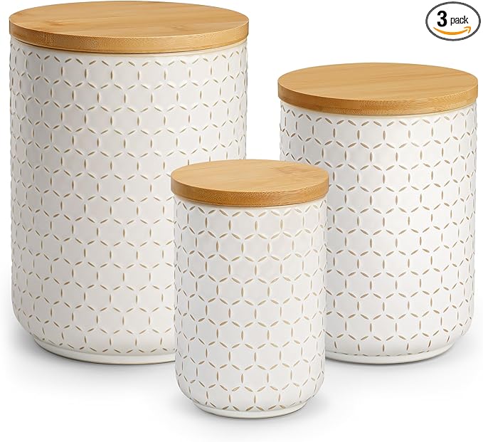 MALACASA LYDIA Ceramic Canisters Set with Airtight Lids, 80/40/20 oz Coffee Canisters Sets for the Kitchen, Large Jars for Flour, Sugar, Pasta, Coffee, Cookies, Tea - Set of 3, Hexagon
