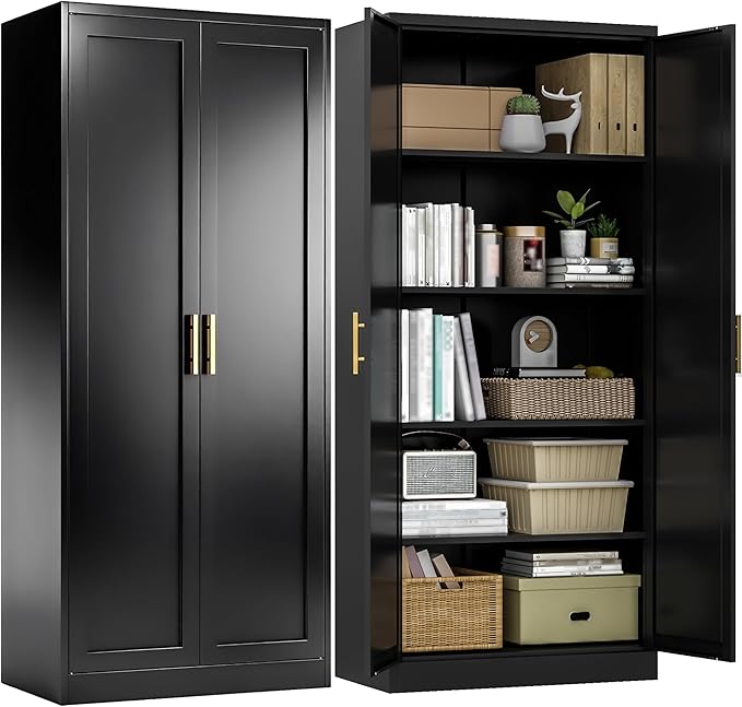 Kitchen Pantry Cabinet,71” Metal Tall Pantry Storage Cabinet with Doors and 4 Adjustable Shelves,Kitchen Storage Cabinets Black Freestanding Food Cabinet for Pantries, Kitchen, Livingroom, Dining Room