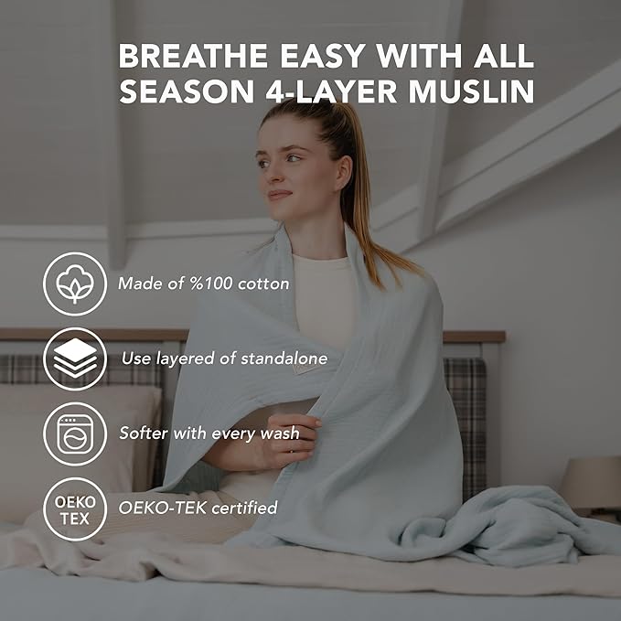 Goqan Muslin Blanket for Adults 79x90 Queen, 4 Layer Soft Lightweight and Thin%100 Turkish Cotton Muslin Blanket, Breathable for Bed, Couch - Aqua Green