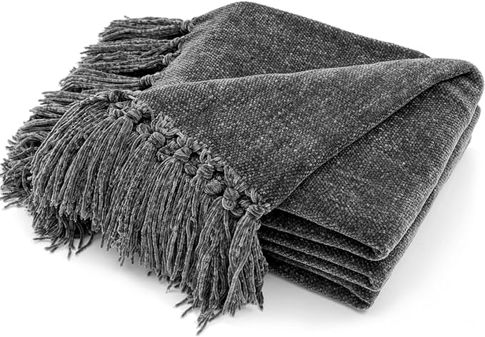 RECYCO Throw Blanket Soft Cozy Chenille Throw Blanket with Fringe Tassel for Couch Sofa Chair Bed Living Room Gift (Dark Gray, 50" x 60")