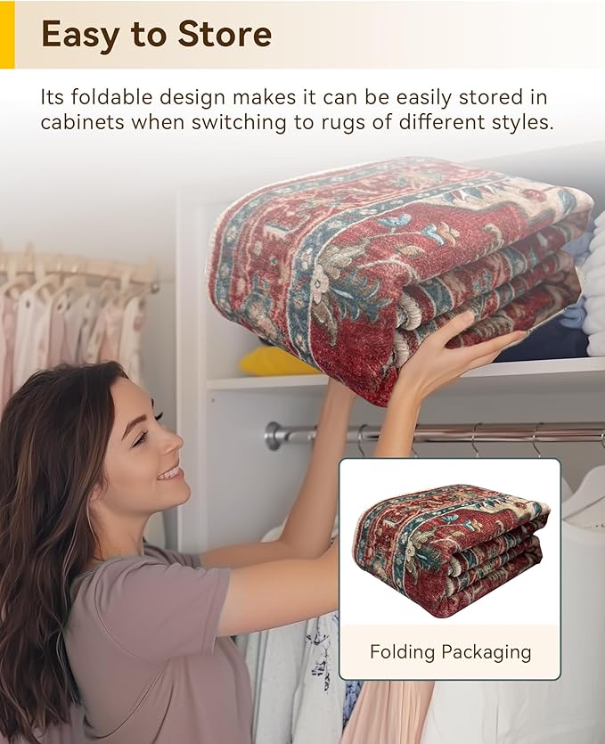 RELEANY Area Rugs 6'x9' Washable Non-Slip, Floral Vintage Distress Print Pattern Medallion Carpet for Living Room Bedroom Dining Room, Red Blue